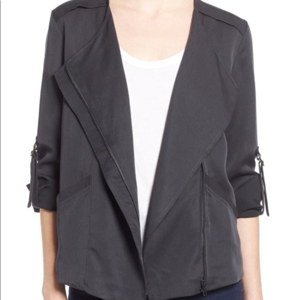 ASTR Gray Drape Full Zip Biker Moto Roll Tab Snap Sleeve Jacket - Picture 1 of 15